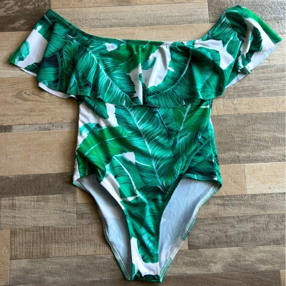 Green tropical leaves off the shoulder ruffly one piece bathing suit